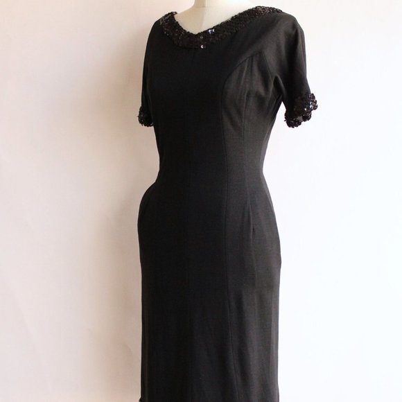 Vintage 1960s Dress / Black Wiggle Dress with Pockets and Sequin Trim / V Neck - Picture 7 of 10